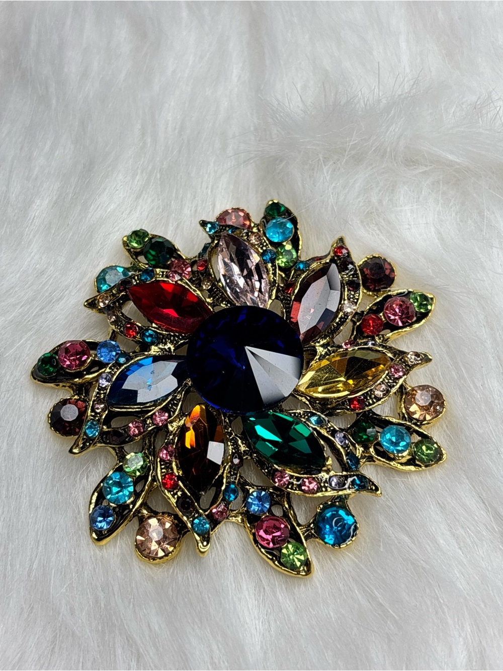 Oversized Multicolor Rhinestone Statement Brooch Gold Tone - Picture 2 of 4